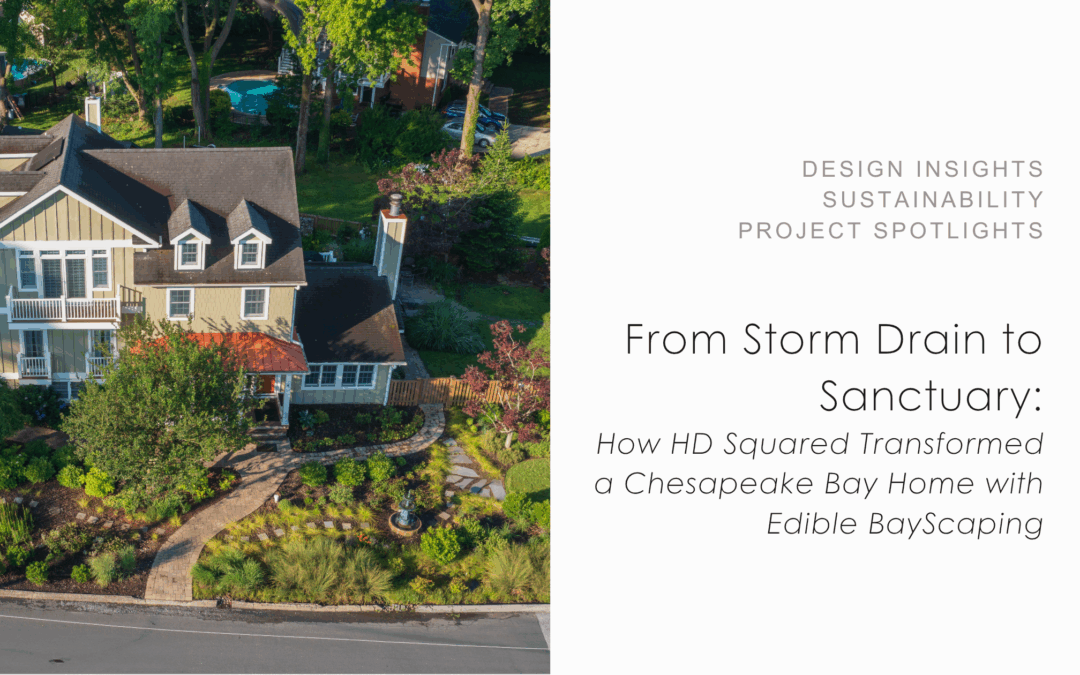 Blog Header photo with arial image of home featuring bayscaping and the text How HD Squared Transformed a Chesapeake Bay Home with Edible BayScaping